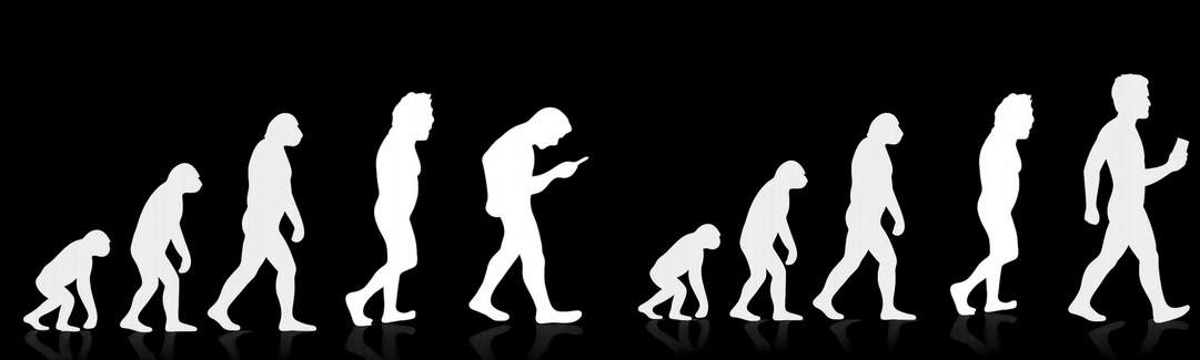 Die Evolution des Menschen, vom Affen zum aufrechten Menschen, dann über sein Handy gebeugt; und eine zweite Evolution, in der er sich wieder aufrichtet, das Handy in der Hand.